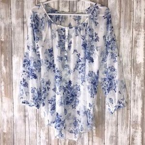 LC Lauren Conrad Sheer White W/Blue Butterfly Top